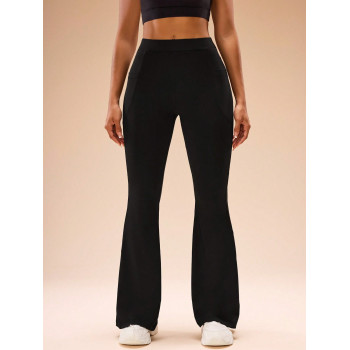 Pantalon évasé à taille haute et unicolore avec poches pour usage décontracté et fitness pour femmes - 40540406