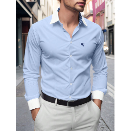 Manfinity AFTRDRK Chemise bleue à manches longues et boutons pour hommes avec logo de cheval - 39688624