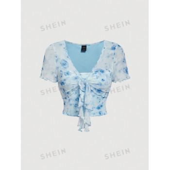 SHEIN MOD T-shirt d'été romantique pour femmes avec imprimé floral rose et manches volantes - 34893967