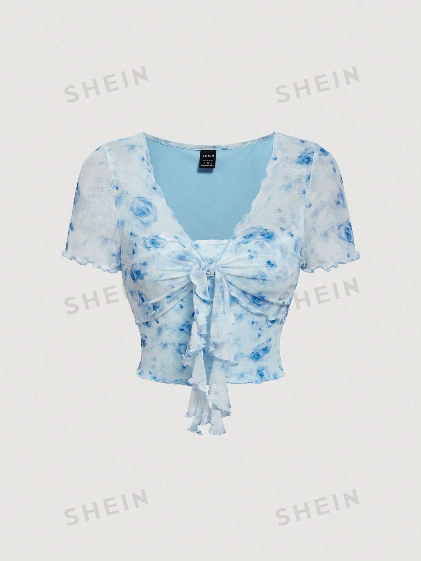 SHEIN MOD T-shirt d'été romantique pour femmes avec imprimé floral rose et manches volantes - 34893967