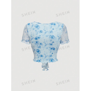 SHEIN MOD T-shirt d'été romantique pour femmes avec imprimé floral rose et manches volantes - 34893967