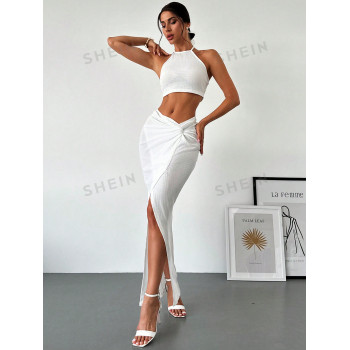 SHEIN Privé 2 pièces Ensemble femme Top court blanc unicolore et jupe maxi froncée avec fente avant, design élégant et minimaliste pour vacances, été - 39970360