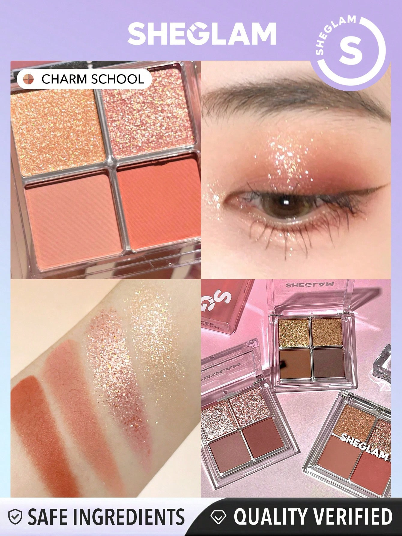 SHEGLAM Quad D'ombres À Paupières Cristallines Cosmiques- Charm School, Palette De 4 Couleurs D'ombres Mates Et Pailletés À L'or Rose, Pêche Chaude, Brun Durable, Longue Tenue, Ultra Pigmenté, Lisse Et Facile À Mixer - 2960637