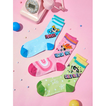 THE POWERPUFF GIRLS X SHEIN Femme 3 paires Chaussettes Figure Pour Printemps - 21622842