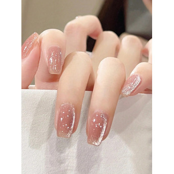 24 Pièces/set Faux Ongles Avec La Conception De Tête Plate Ongles Brillants À Œil De Chat Rose - 28699493