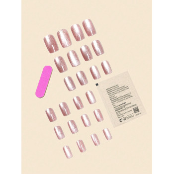 24 Pièces/set Faux Ongles Avec La Conception De Tête Plate Ongles Brillants À Œil De Chat Rose - 28699493