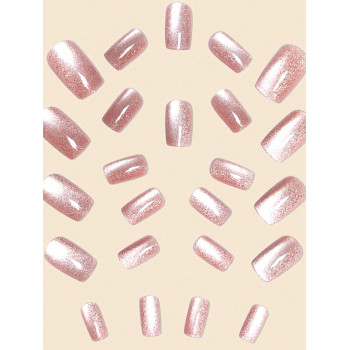 24 Pièces/set Faux Ongles Avec La Conception De Tête Plate Ongles Brillants À Œil De Chat Rose - 28699493