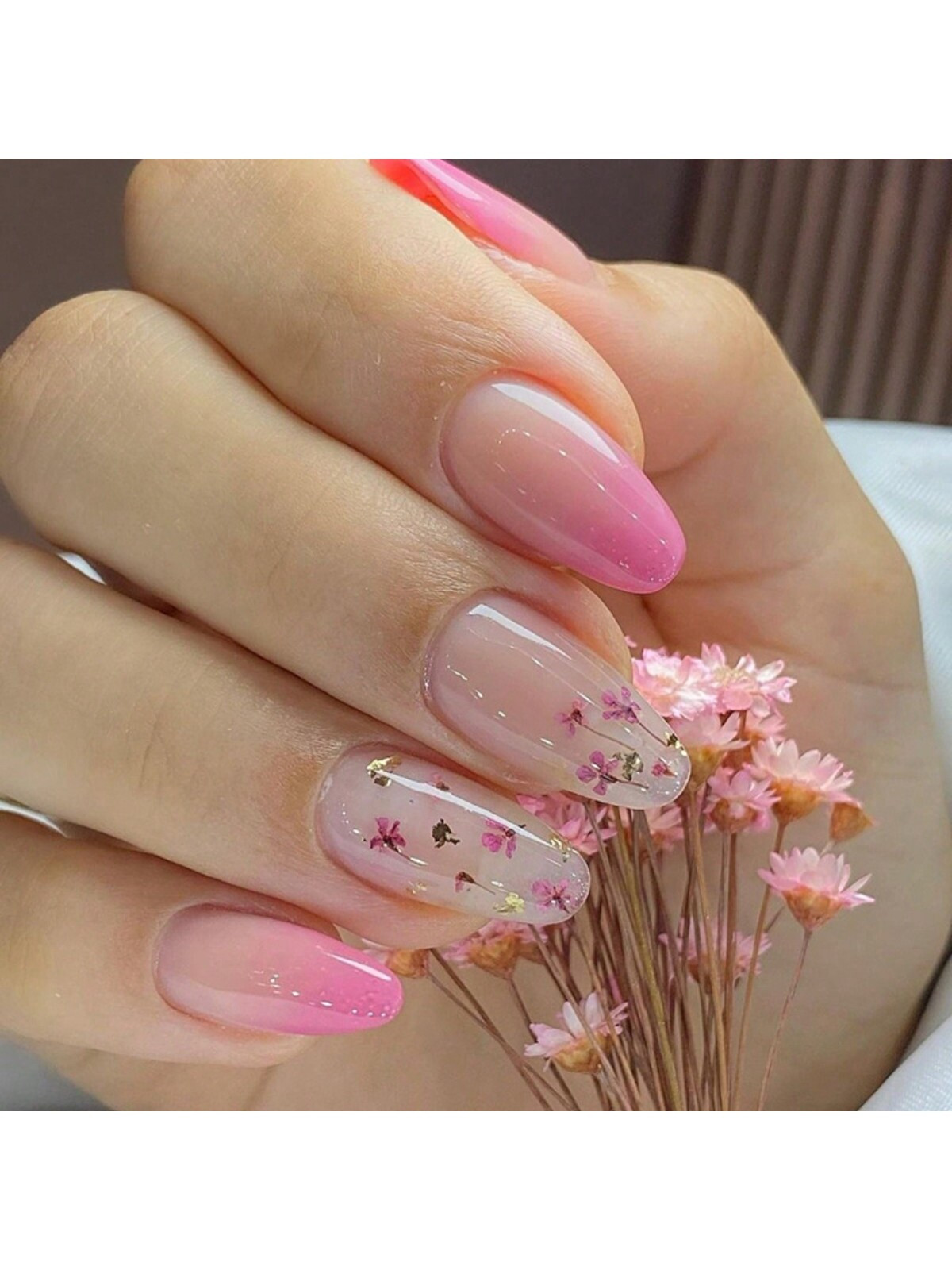 24 pièces de fausses ongles florales mignonnes en forme d'amande, art des ongles floral dégradé rose, style romantique de printemps pour fille, faux o otidien par les femmes et les filles - 32685826