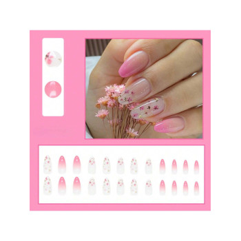 24 pièces de fausses ongles florales mignonnes en forme d'amande, art des ongles floral dégradé rose, style romantique de printemps pour fille, faux o otidien par les femmes et les filles - 32685826