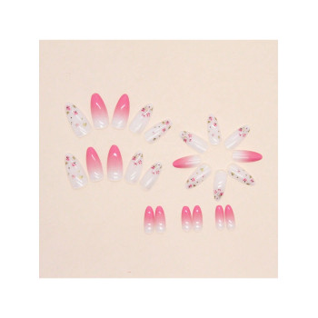 24 pièces de fausses ongles florales mignonnes en forme d'amande, art des ongles floral dégradé rose, style romantique de printemps pour fille, faux o otidien par les femmes et les filles - 32685826