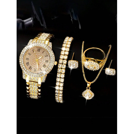 Ensemble de 6 pièces Montre à quartz de luxe avec strass et montre analogique de mode Hip-Hop avec bijoux pour filles, cadeau parfait pour maman - 37788278