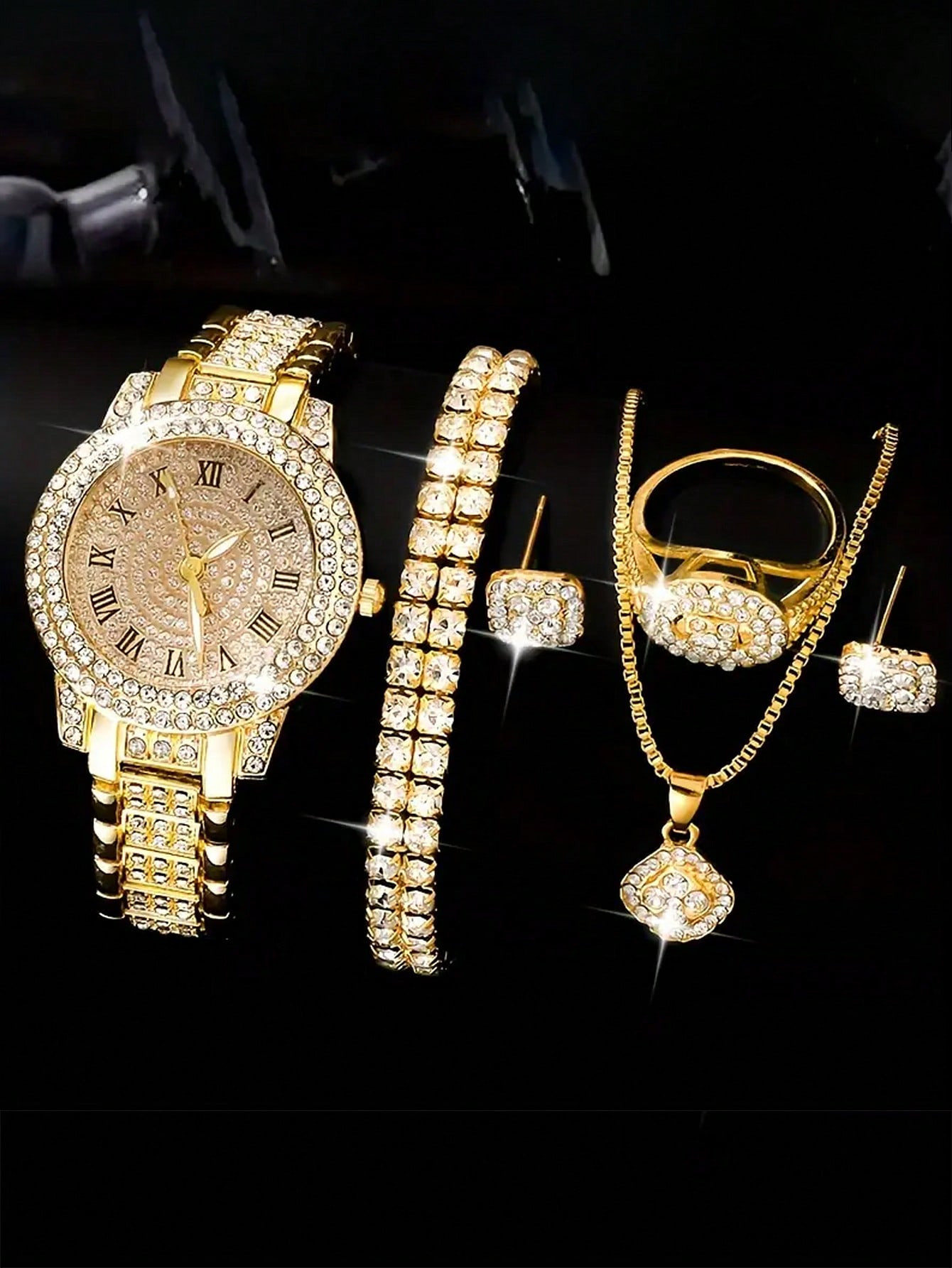 Ensemble de 6 pièces Montre à quartz de luxe avec strass et montre analogique de mode Hip-Hop avec bijoux pour filles, cadeau parfait pour maman - 37788278