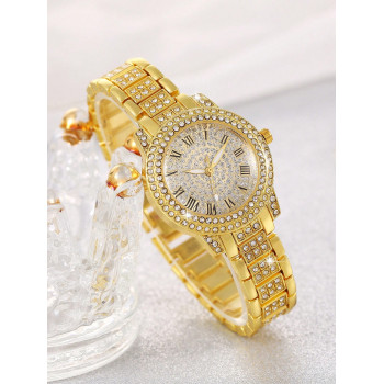 Ensemble de 6 pièces Montre à quartz de luxe avec strass et montre analogique de mode Hip-Hop avec bijoux pour filles, cadeau parfait pour maman - 37788278