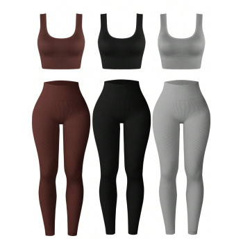 Ensemble de sport pour femmes avec haut à large bretelle unicolore et pantalon long taille haute sans couture, vêtements de gym - 37669799