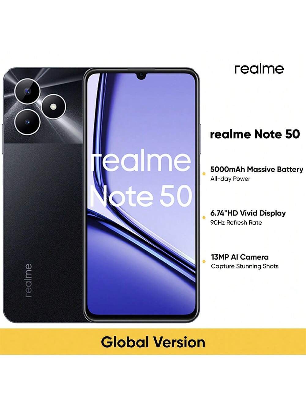 Realme Téléphone portable déverrouillé Realme Note 50 3 Go + 64 Go/4 Go + 128 Go Version mondiale, 4G LTE, Smartphone Android 13, Écran HD 6,74" 90 Hz, Batterie 5000 mAh, Appareil photo 13 M, Noir, Bleu - 40780852