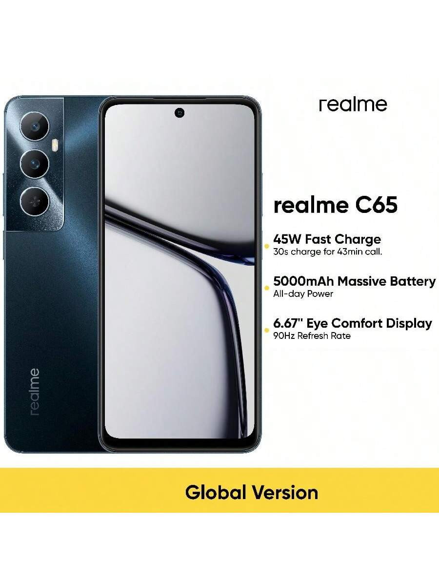 Realme Téléphone portable déverrouillé Realme C65 6 Go + 128 Go / 8 Go + 256 Go, version mondiale, 4G LTE, smartphone Android 14, caméra AI 50 MP, batterie massive 5 000 mAh, prise en charge NFC, noir - 40627046