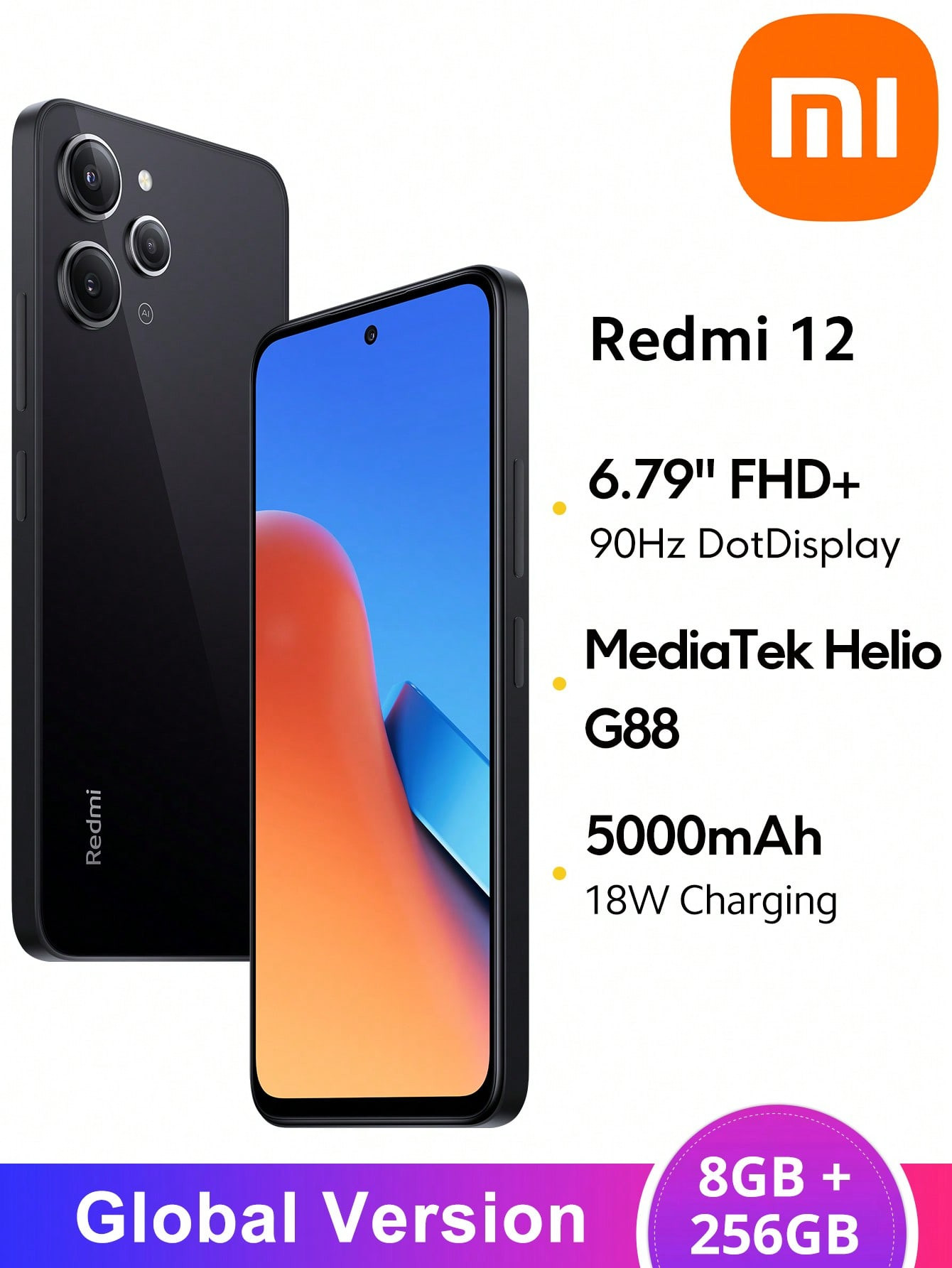 Xiaomi Mi Redmi 12 8 Go+256 Go Version mondiale 6,79" Affichage Dot 90 Hz FHD+ Processeur MTK Helio G88 Caméra triple AI 50 MP Batterie 5000 mAh - 38505348