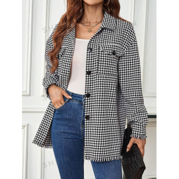 SHEIN LUNE Veste Régulière À Poche À Retournement À Motif De Pied-de-poule Pour Femmes - 26650371