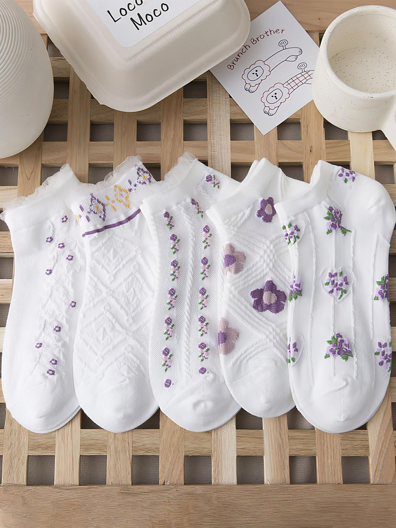 Femme 5 paires Chaussettes à imprimé fleur à la mode pour vie quotidienne - 15902133