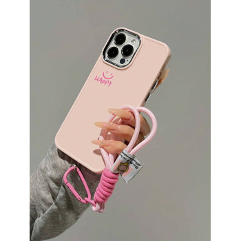 Étui de téléphone antichoc doux avec texture de bouton électroplaqué, lentille de caméra en métal rose bébé et visage souriant dessin animé + 1 pièce Lanière en nylon compatible avec iPhone - 22352909