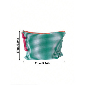 1 pièce Sac de maquillage à carreaux de style collège, sac de rangement de cosmétiques à carreaux de tissu coloré avec grande capacité, pochette - 24496396