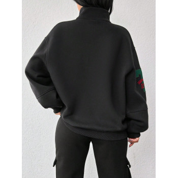 Cottnline Sweat-shirt à capuche Zippé Avec Lettre Brodée Pour Femme - 24914325