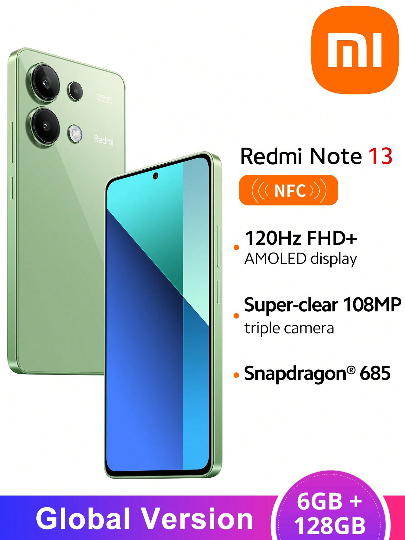 Xiaomi Smartphone Mi Redmi Note 13 4G 6 Go+128 Go, version mondiale, fonction NFC, processeur Snapdragon 685 octa-core, triple caméra 108 Mpx, écran AMOLED 6,67" 120 Hz, charge 33 W, batterie 5 000 mAh - 38505323