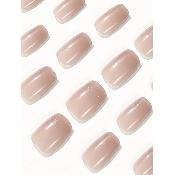 24 pièces Ongles artificiels courts carrés nude avec paillettes graduelles et couverture complète, adaptés pour un port quotidien pour femmes et filles pour améliorer l'apparence, fournitures d'ongles nécessaires - 21902782