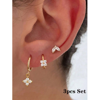 Ensemble de 3 boucles d'oreilles créoles Huggie scintillantes plaquées or 18 carats avec CZ pour femmes, boucles d'oreilles d'étude en zircone de fleurs pour perçage de cartilage helix Daith en acier inoxydable, bijoux cadeaux pour filles - 35742962