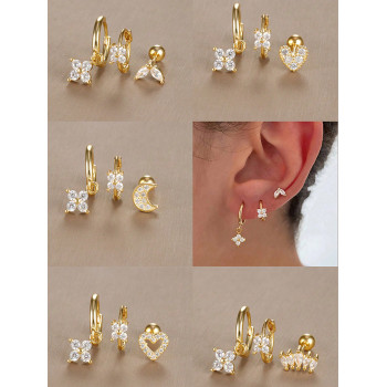 Ensemble de 3 boucles d'oreilles créoles Huggie scintillantes plaquées or 18 carats avec CZ pour femmes, boucles d'oreilles d'étude en zircone de fleurs pour perçage de cartilage helix Daith en acier inoxydable, bijoux cadeaux pour filles - 35742962