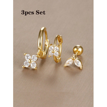 Ensemble de 3 boucles d'oreilles créoles Huggie scintillantes plaquées or 18 carats avec CZ pour femmes, boucles d'oreilles d'étude en zircone de fleurs pour perçage de cartilage helix Daith en acier inoxydable, bijoux cadeaux pour filles - 35742962