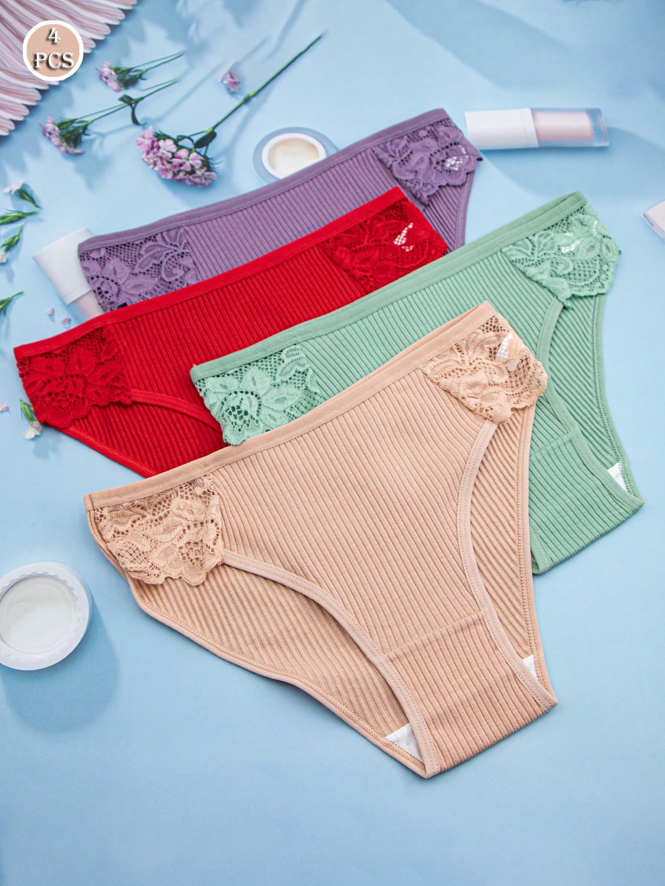 4 pièces Culottes en triangle respirantes en coton dentelle - 35166703