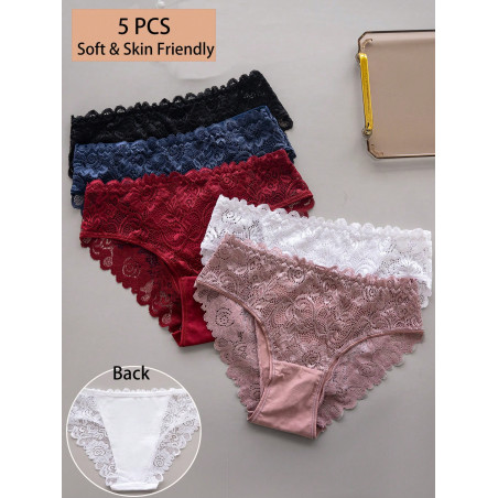 5 pièces Lingerie de femme Triangle en dentelle de couleur unie - 29950404