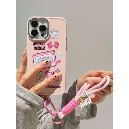 Avec charm de téléphone 1 pièce Housse arrière en métal rose mat doux avec protection de caméra et boutons électroplaqués & un cordon en nylon compatible avec l'iPhone - 22775963