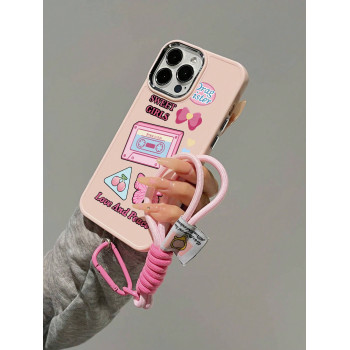 Avec charm de téléphone 1 pièce Housse arrière en métal rose mat doux avec protection de caméra et boutons électroplaqués & un cordon en nylon compatible avec l'iPhone - 22775963