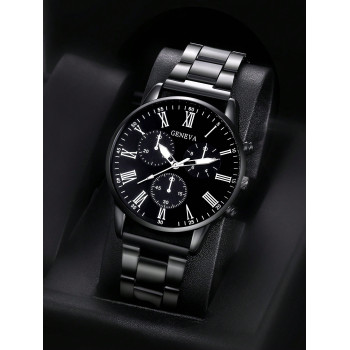 1 pièce Montre pour hommes, bracelet en acier inoxydable noir, cadran sobre et décontracté avec chiffres romains, montre-bracelet à quartz, beau cadeau - 30610952