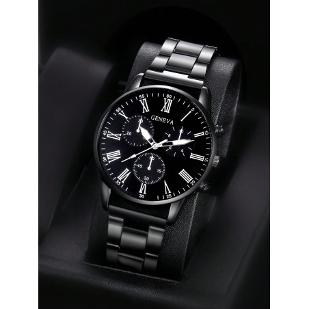 1 pièce Montre pour hommes, bracelet en acier inoxydable noir, cadran sobre et décontracté avec chiffres romains, montre-bracelet à quartz, beau cadeau - 30610952