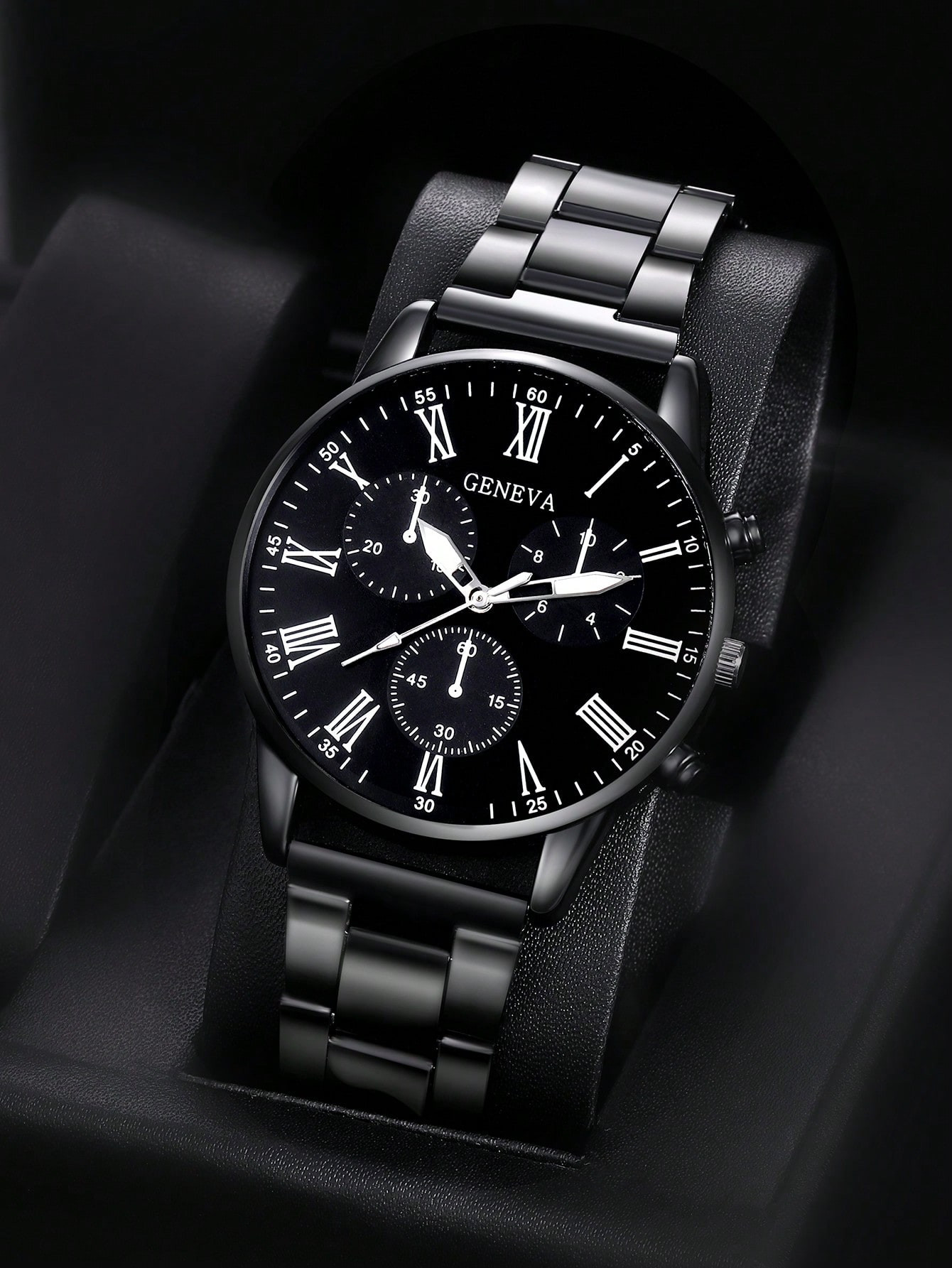 1 pièce Montre pour hommes, bracelet en acier inoxydable noir, cadran sobre et décontracté avec chiffres romains, montre-bracelet à quartz, beau cadeau - 30610952