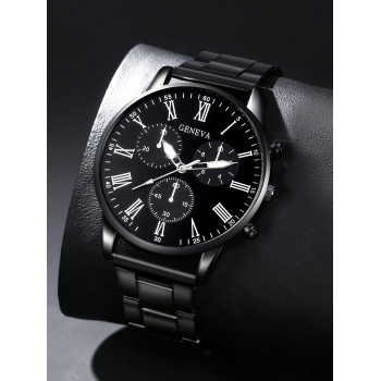 1 pièce Montre pour hommes, bracelet en acier inoxydable noir, cadran sobre et décontracté avec chiffres romains, montre-bracelet à quartz, beau cadeau - 30610952