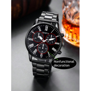 1 pièce Montre pour hommes, bracelet en acier inoxydable noir, cadran sobre et décontracté avec chiffres romains, montre-bracelet à quartz, beau cadeau - 30610952