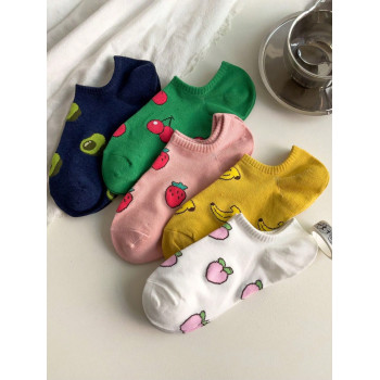 5 Paires/ensemble De Chaussettes De Bateau À Motif De Fruits Pour Femmes, Décontractées Et Polyvalentes - 28539385