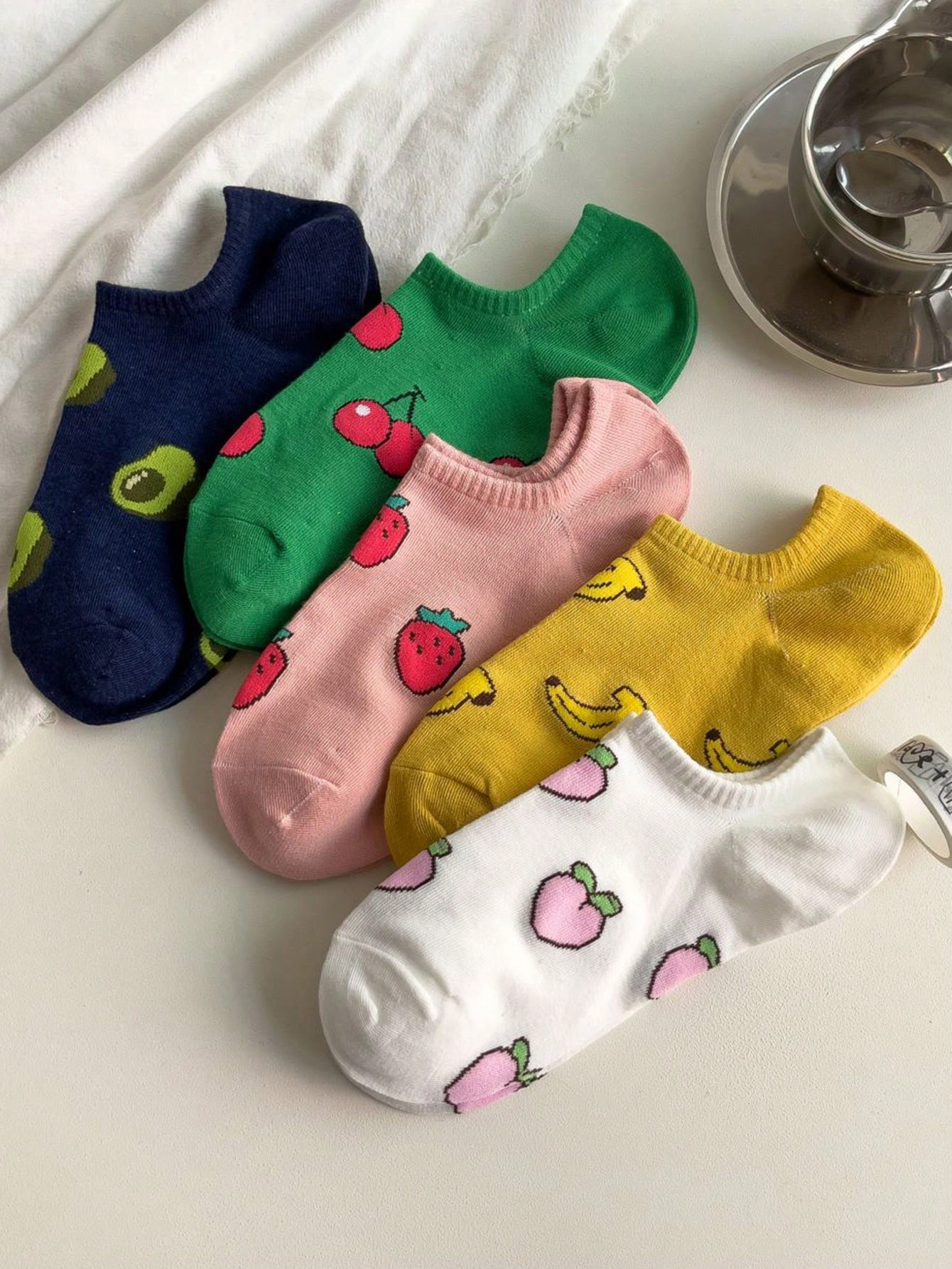 5 Paires/ensemble De Chaussettes De Bateau À Motif De Fruits Pour Femmes, Décontractées Et Polyvalentes - 28539385