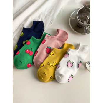 5 Paires/ensemble De Chaussettes De Bateau À Motif De Fruits Pour Femmes, Décontractées Et Polyvalentes - 28539385