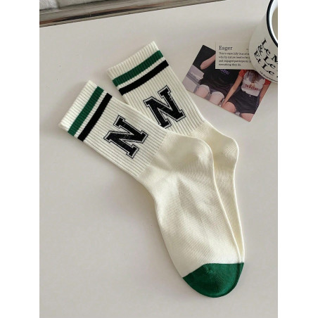 1 Paire Chaussettes De Sport Rétro Blanches À Mi-mollet Avec Impression De Lettres Pour Femmes - 23963562