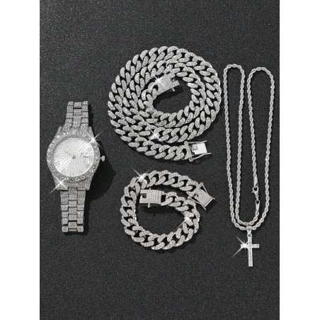 4 pièces Montre pour hommes Montre en argent de luxe à la mode pour hommes avec date, chiffres romains assortis avec collier incrusté de strass en alliage de zinc, bracelet et pendentif croix - 33124146