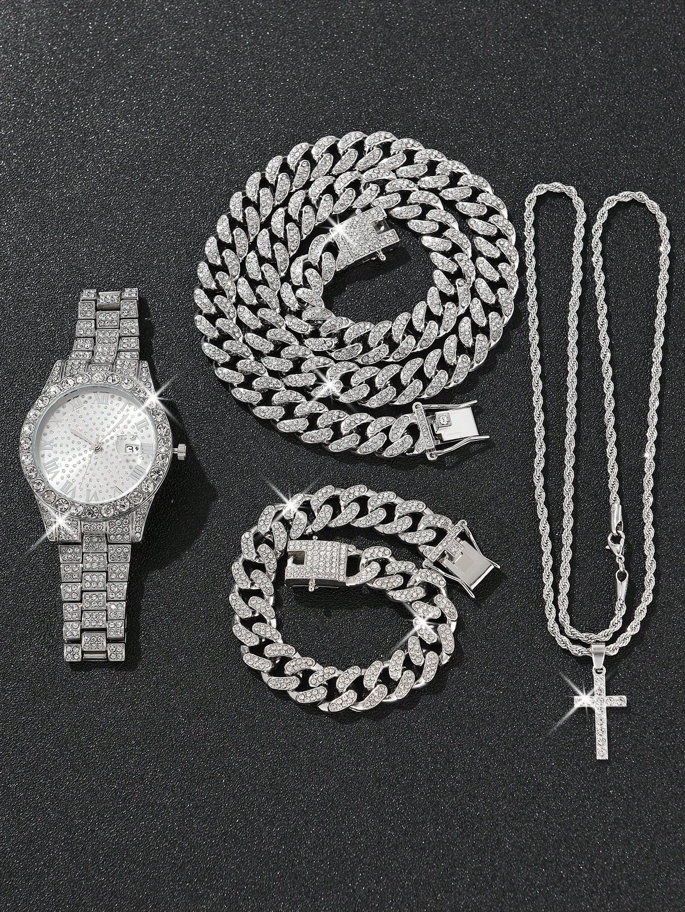 4 pièces Montre pour hommes Montre en argent de luxe à la mode pour hommes avec date, chiffres romains assortis avec collier incrusté de strass en alliage de zinc, bracelet et pendentif croix - 33124146