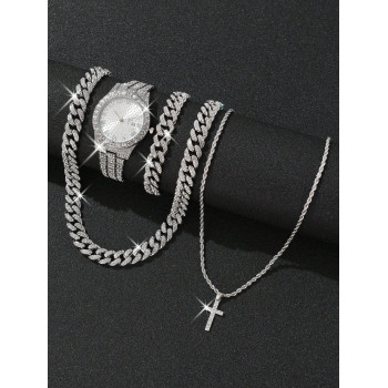 4 pièces Montre pour hommes Montre en argent de luxe à la mode pour hommes avec date, chiffres romains assortis avec collier incrusté de strass en alliage de zinc, bracelet et pendentif croix - 33124146