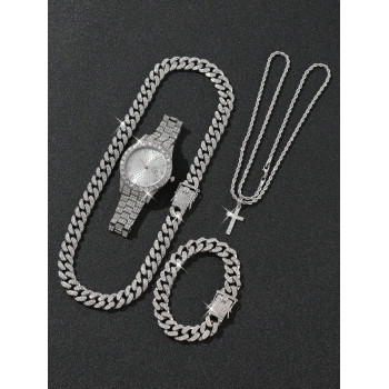 4 pièces Montre pour hommes Montre en argent de luxe à la mode pour hommes avec date, chiffres romains assortis avec collier incrusté de strass en alliage de zinc, bracelet et pendentif croix - 33124146