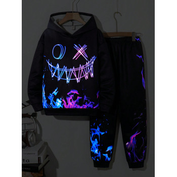 2 pièces/Set Ensemble sweat-shirt à capuche et pantalon de jogging phosphorescent streetwear pour pré-adolescent, convient pour casual, déplacement, école, sport, automne/hiver - 39945805