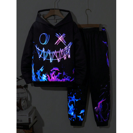 2 pièces/Set Ensemble sweat-shirt à capuche et pantalon de jogging phosphorescent streetwear pour pré-adolescent, convient pour casual, déplacement, école, sport, automne/hiver - 39945805